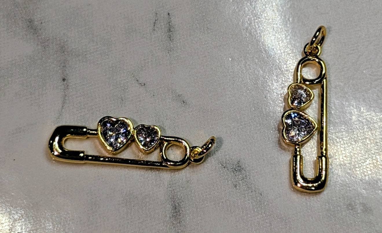 14K Gold Filled Double Clear CZ Heart Safety Baby Pin Charm