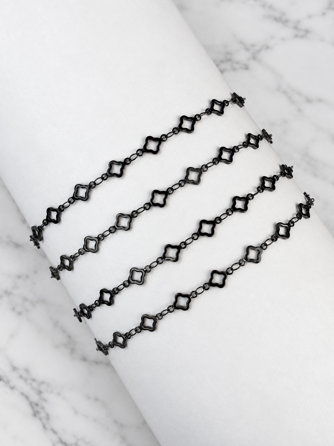 Black Quatrefoil Link Chain. PVD Stainless Steel . Priced per foot